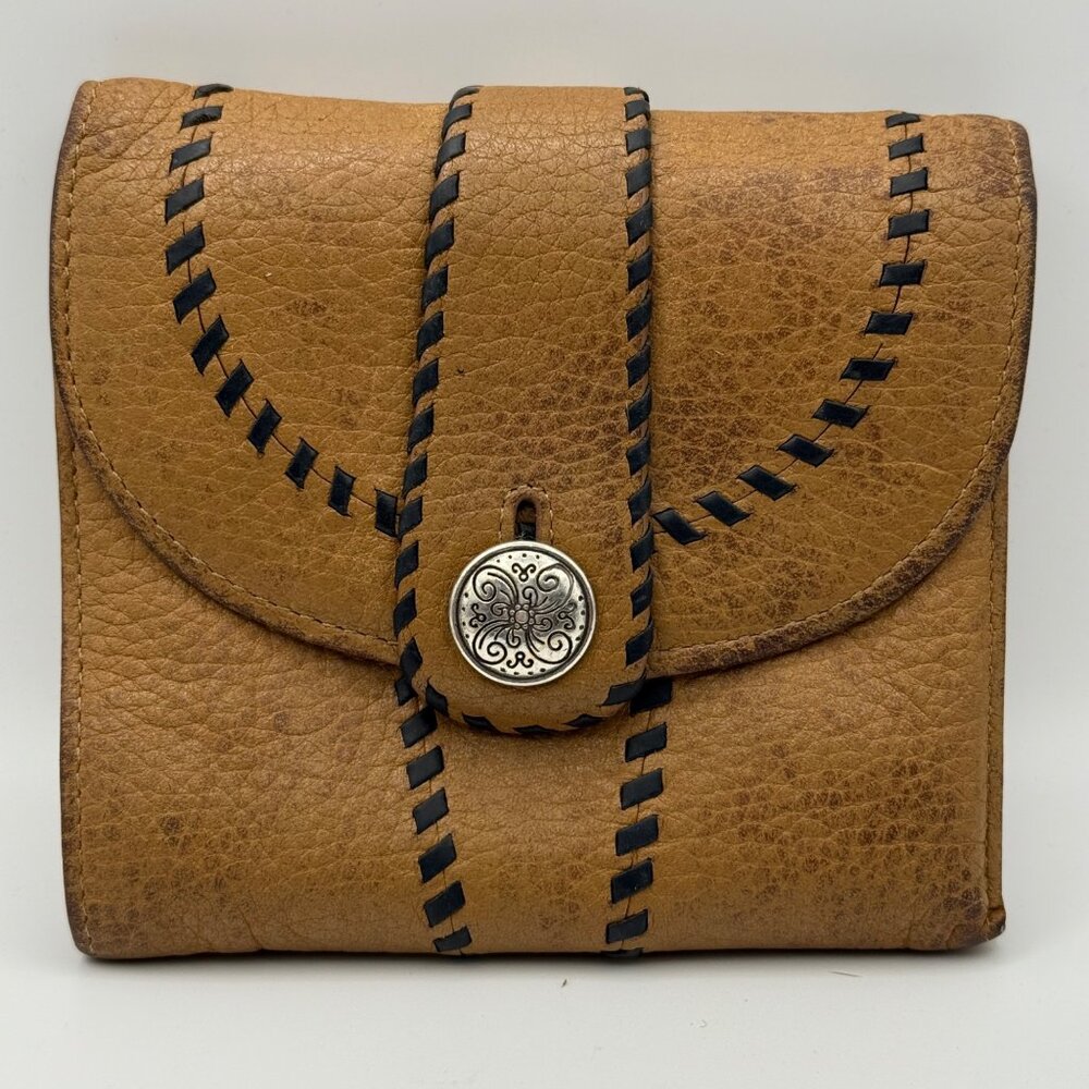 Brighton Handcrafted Brown Leather Wallet Black Accent Stitching Magnetic Snap